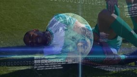 Animation of financial data processing and globe over injured african american male soccer player. Global finance and sports concept - Powered by Shutterstock - Get 15% off with code: PIKWIZARD15