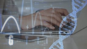 Animation of data processing and dna strand spinning over businesswoman using laptop. Global business, finance and data processing concept digitally generated video. - Powered by Shutterstock - Get 15% off with code: PIKWIZARD15