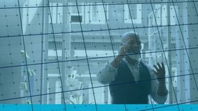 Animation of graphs moving against african american businessman talking on smartphone at office. Global networking and business data technology concept - Powered by Shutterstock - Get 15% off with code: PIKWIZARD15