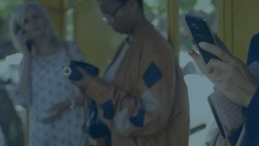 Animation of stock market data processing over african american woman using smartphone at bus stand. Global economy and business data technology concept - Powered by Shutterstock - Get 15% off with code: PIKWIZARD15