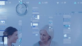 Animation of data processing over caucasian female doctor and senior patient discussing at hospital. Medical healthcare technology concept - Powered by Shutterstock - Get 15% off with code: PIKWIZARD15