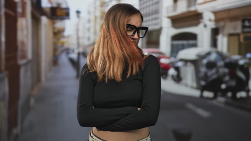 Young redhead woman wearing black glasses with arms crossed and exposed midriff on a narrow urban street, slight pout and skeptical glare; frustration defiance.