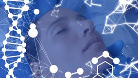 Animation of dna and networks over unconscious caucasian female patient in operating theatre. Digital interface, surgery, healthcare, teamwork, connection and communication, digitally generated video. - Powered by Shutterstock - Get 15% off with code: PIKWIZARD15
