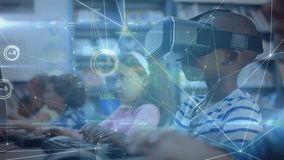 Six students placing VR headsets in library starting education VR class with animated data overlays. Education, technology, innovation, collaboration, digital, youth, immersive - Powered by Shutterstock - Get 15% off with code: PIKWIZARD15