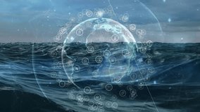 Ocean motion initiating holographic globe rotating while pulsating data nodes visualizing network. Futuristic, marine, data visualization, digital globe, environmental, innovative, technology - Powered by Shutterstock - Get 15% off with code: PIKWIZARD15
