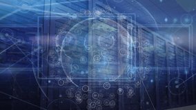 Animation of globe with icons and connections rotating over server room. global network, connections, data processing and technology concept digitally generated video. - Powered by Shutterstock - Get 15% off with code: PIKWIZARD15