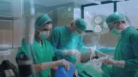 Globe of network of connections against group of surgeons performing operation in operation theatre. healthcare and medical technology concept - Powered by Shutterstock - Get 15% off with code: PIKWIZARD15