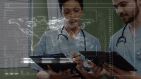 Animation of clock with data processing and world map over diverse doctors. Global medicine, healthcare and digital interface concept digitally generated video. - Powered by Shutterstock - Get 15% off with code: PIKWIZARD15