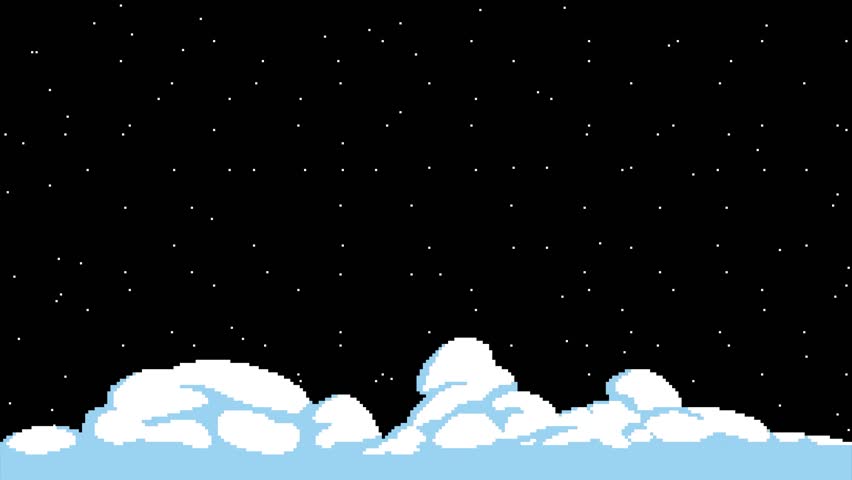 Pixel Art Snowstorm Loop on Black. Minimal Winter Scene with Snow Drifts.