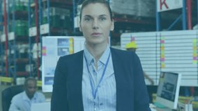 Animation of data processing over caucasian businesswoman in warehouse. Global shipping, computing and digital interface concept digitally generated video. - Powered by Shutterstock - Get 15% off with code: PIKWIZARD15