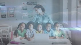 Animation of network of connections with icons over diverse schoolchildren and teacher. Global education, connections and digital interface concept digitally generated video. - Powered by Shutterstock - Get 15% off with code: PIKWIZARD15