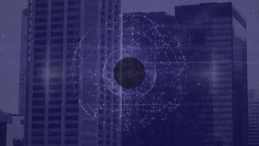 Animation of connected icons and globe rotating over modern buildings in city. Digital composite, multiple exposure, globalization, skyscrapers, communication and technology concept. - Powered by Shutterstock - Get 15% off with code: PIKWIZARD15