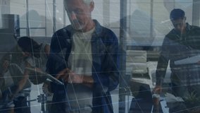 Animation of statistical data processing over caucasian senior man using digital tablet at office. Business data technology concept - Powered by Shutterstock - Get 15% off with code: PIKWIZARD15