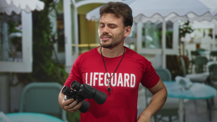 Man lifeguard holding binoculars and whistle wincing on restaurant terrace building; mild discomfort.