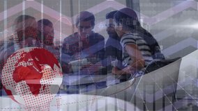 Animation of globe, statistics and data processing over business people working in office. Global business, finance, computing, connections and data processing concept digitally generated video. - Powered by Shutterstock - Get 15% off with code: PIKWIZARD15