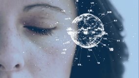 Animation of data processing, globe and network of connections over caucasian woman. Global connections, business, finance, computing and data processing concept digitally generated video. - Powered by Shutterstock - Get 15% off with code: PIKWIZARD15