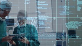 Animation of data processing over caucasian male and female surgeon discussing at hospital. Medical healthcare technology concept - Powered by Shutterstock - Get 15% off with code: PIKWIZARD15