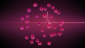 Animation of icons connected with lines forming globe and heart rhythm over abstract background. Digitally generated, hologram, illustration, communication, globalization and technology concept. - Powered by Shutterstock - Get 15% off with code: PIKWIZARD15