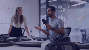 Animation of network of connections over diverse colleagues having meeting in office. Global business, communication, connections and digital interface concept digitally generated video. - Powered by Shutterstock - Get 15% off with code: PIKWIZARD15