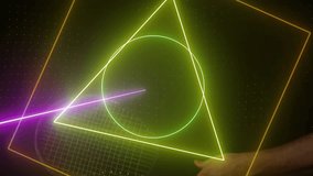 Animation of colourful circle, triangle and square scanning caucasian hands holding tennis racket. Sport, competition, digital interface, processing and connection, digitally generated video. - Powered by Shutterstock - Get 15% off with code: PIKWIZARD15