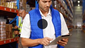 Animation of network of connections with icons over diverse male workers using tablet in warehouse. Global business, teamwork and digital interface concept digitally generated video. - Powered by Shutterstock - Get 15% off with code: PIKWIZARD15