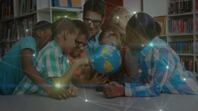 Teacher placing globe guiding children spinning network overlay illustrating education connectivity. Educational, collaboration, exploration, multicultural, digital, interactive, learning - Powered by Shutterstock - Get 15% off with code: PIKWIZARD15