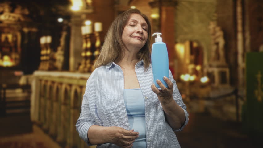 Woman holds blue soap bottle at chest level with eyes closed in ornate building interior by altar and candles; serenity reflection.