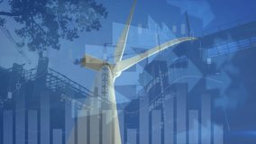 Animation of graphs and arrows over engineer and wind turbine. economy, sustainability and renewable energy concept digitally generated video. - Powered by Shutterstock - Get 15% off with code: PIKWIZARD15