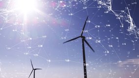 Animation of network with numbers and data processing over wind turbine. global green energy, environment, sustainability and data processing concept digitally generated video. - Powered by Shutterstock - Get 15% off with code: PIKWIZARD15