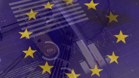 Animation of data processing over eu flag and wind turbine. Global environment, sustainability and european union, connections and data processing concept digitally generated video. - Powered by Shutterstock - Get 15% off with code: PIKWIZARD15