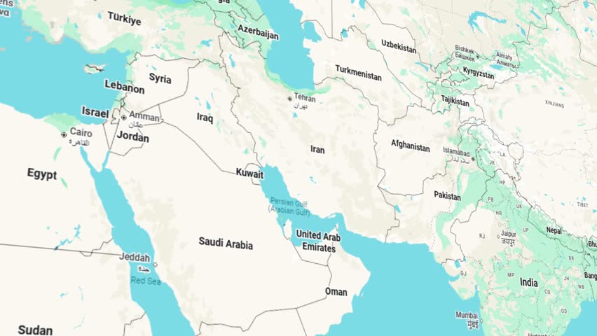 Revolution in Iran. Map of Iran with lights in cities experiencing conflict. Civilian confrontation.