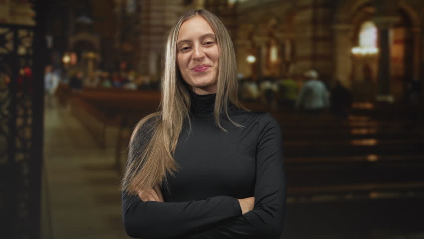 Woman with arms crossed smiling and winking inside a cathedral interior wearing black turtleneck and long hair; confidence.