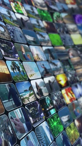 Grid of diverse media content thumbnails displaying interconnected digital experiences