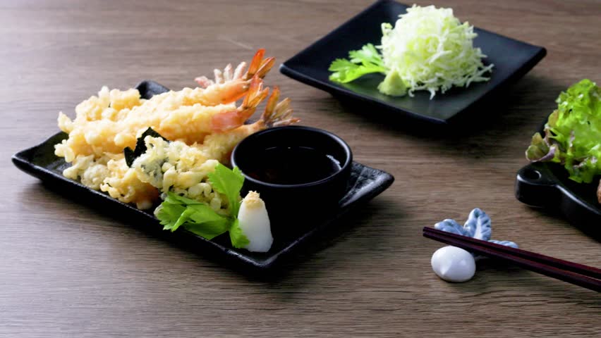 Hamburger steak and tempura shrimp, Japanese style food.