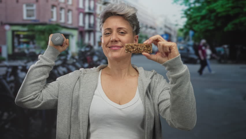 Woman smiling holds a dumbbell and a granola bar near her mouth while standing on a busy urban street; wellness energy fitness health.