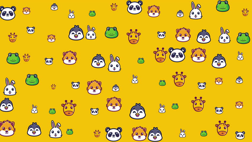 Cute cartoon animal heads on yellow backdrop, perfect for childrens book illustrations, educational materials, and fun graphic designs.
