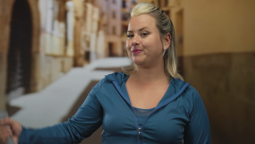 Woman flexes arm while holding dumbbell and glances at her bicep in an old town street lined with stone buildings; empowerment.