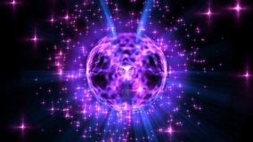 Purple glowing energy sphere with pink sparkling stars and blue light rays on dark black background - Powered by Shutterstock - Get 15% off with code: PIKWIZARD15