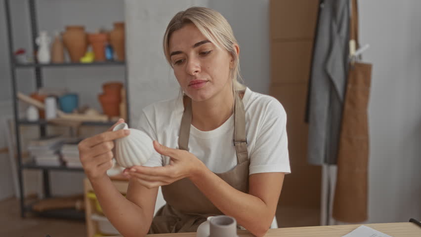 Young woman holding porcelain vase with hands inspecting ceramic piece in studio; quiet concentration craft.