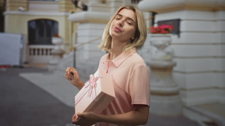 Young blonde woman holds pink gift box with both hands, head tilted and lips pursed, standing by ornate building steps; anticipation.