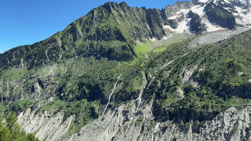 CHAMONIX, FRANCE - Panoramic view of the Alps as seen from Chamonix, showing snow-capped peaks, valleys, and mountain landscape under clear skies.