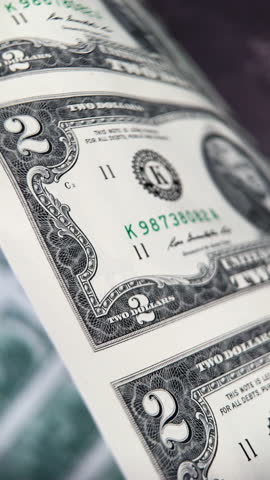 Uncut sheet of US money on wooden table. Two dollar bills. A large uncut sheet of authentic two-dollar bills lying on a dark wooden surface.