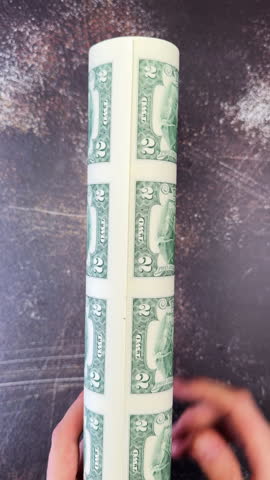 Rolled sheet of real two dollar bills in hand. Financial souvenir. Close up of a hand holding a vertical roll of uncut United States currency.