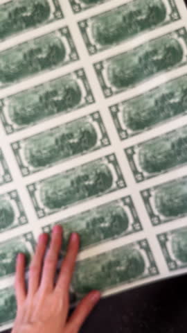 Close up of Thomas Jefferson portrait on uncut 2 dollar bill sheet. Macro shot of Thomas Jefferson's face on a sheet of uncut United States two-dollar banknotes.