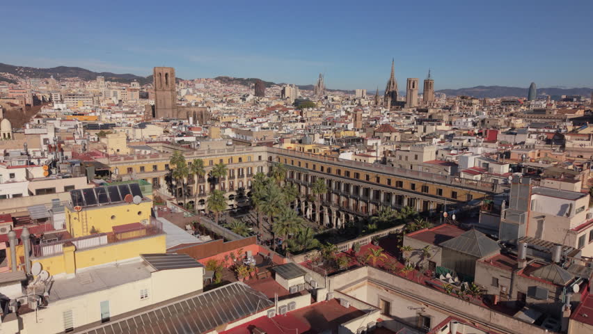 flying towards Plaza Real in Barcelona Spain