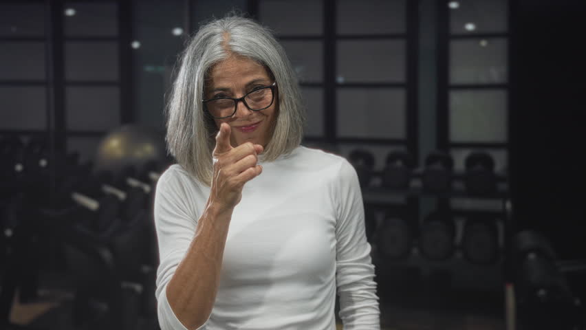 Woman wearing glasses points finger to cheek in studio gym with dumbbells visible; playful confidence.