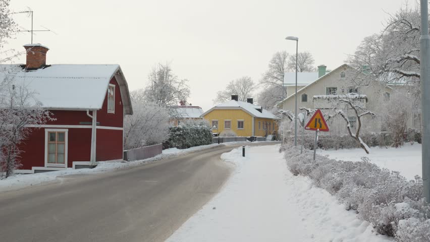 A picturesque winter landscape featuring charming houses blanketed in snow, alongside a quiet road surrounded by frosty trees, evoking a serene and peaceful atmosphere.