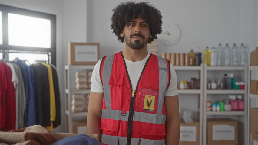 Man volunteer wearing red safety vest with arms crossed and smiling inside a donation center building surrounded by boxes and clothing racks; community service compassion.
