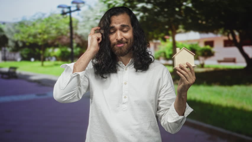 Man scratching head holding small wooden house on street by park bench in daylight; uncertainty home decision.