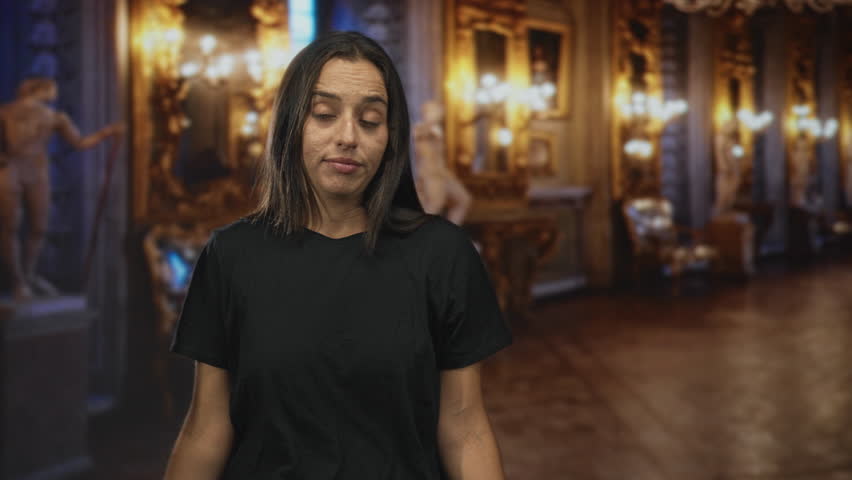 Woman wearing black t shirt shrugging with hand on chin and arms out in ornate museum gallery; skepticism contemplation.